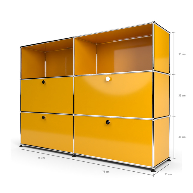 Highboard 3x2 mit 4 Klapptren mitte und unten, Goldgelb