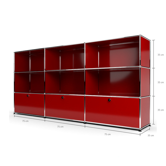 Highboard 3x3 mit 3 Klapptren unten, Rubinrot