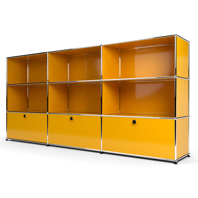 Highboard 3x3 mit 3 Klapptren unten, Goldgelb