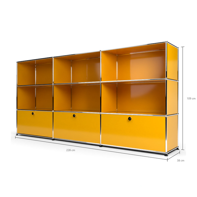 Highboard 3x3 mit 3 Klapptren unten, Goldgelb