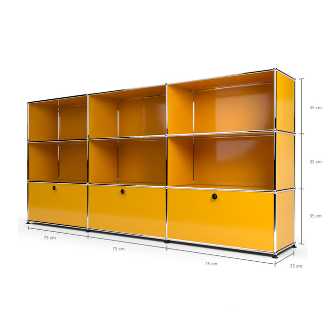 Highboard 3x3 mit 3 Klapptren unten, Goldgelb