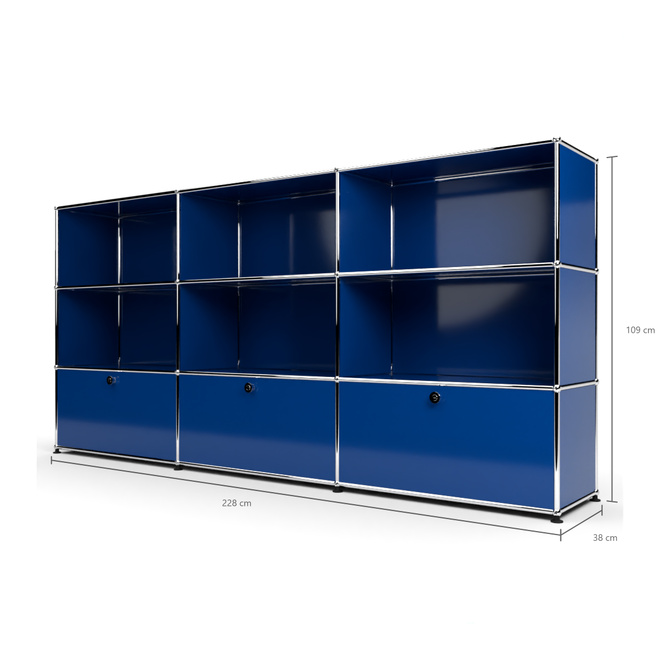 Highboard 3x3 mit 3 Klapptren unten, Enzianblau