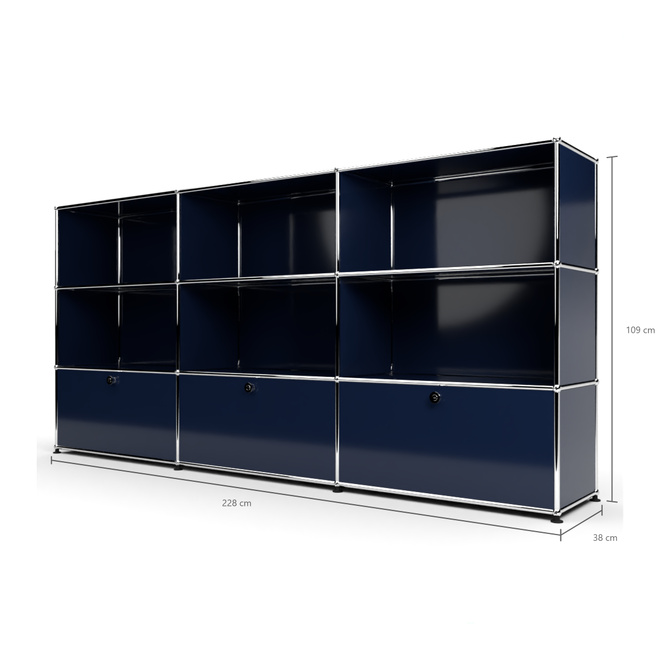 Highboard 3x3 mit 3 Klapptren unten, Stahlblau