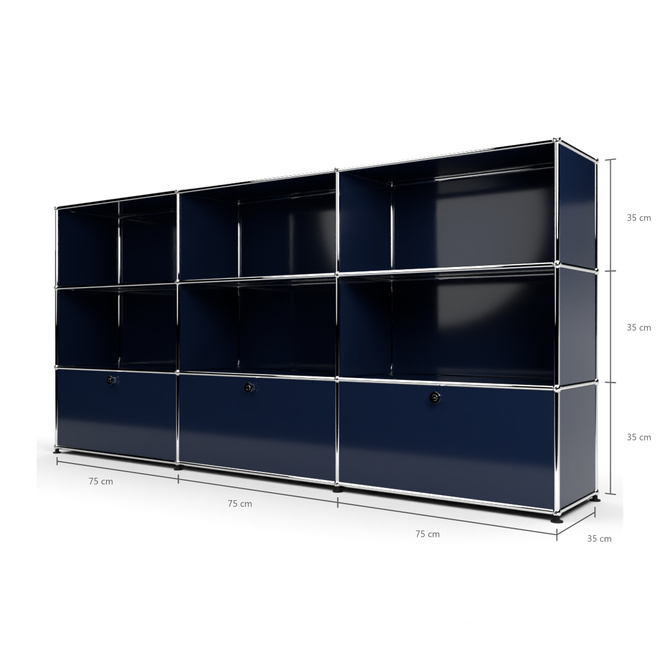 Highboard 3x3 mit 3 Klapptren unten, Stahlblau