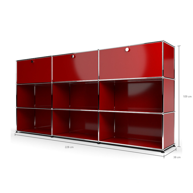 Highboard 3x3 mit 3 Klapptren oben, Rubinrot