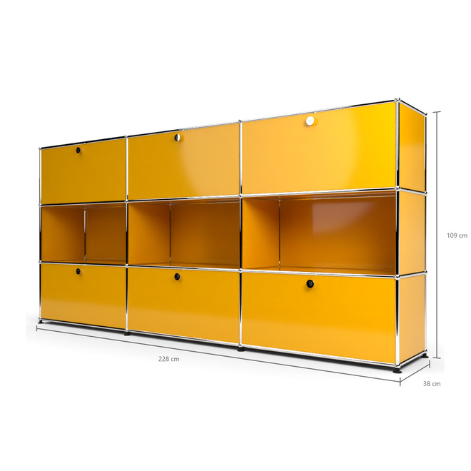 Highboard 3x3 mit 6 Klapptren oben und unten, Goldgelb