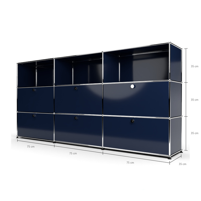 Highboard 3x3 mit 6 Klapptren mitte und unten, Stahlblau