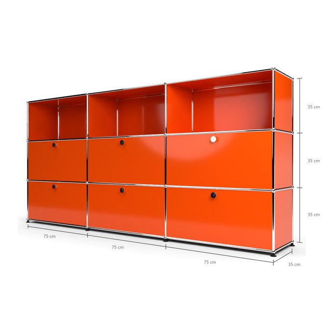 Highboard 3x3 mit 6 Klapptren mitte und unten, Orange