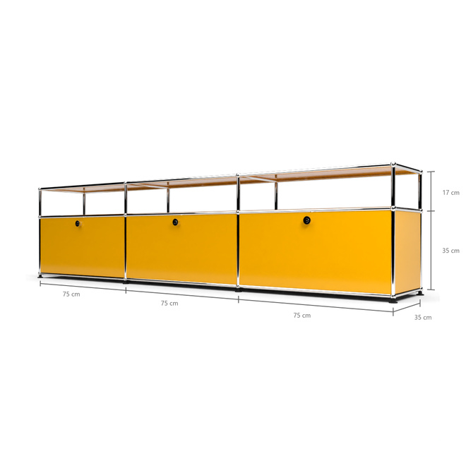 TV-Board 1x3 mit 3 Klapptren, mit Ablage, Goldgelb