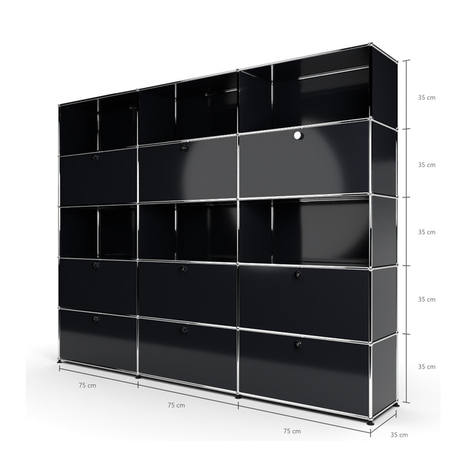 Wandregal 5x3 mit 9 Klapptren, 6 von unten, 3 Reihe 4, Graphitschwarz