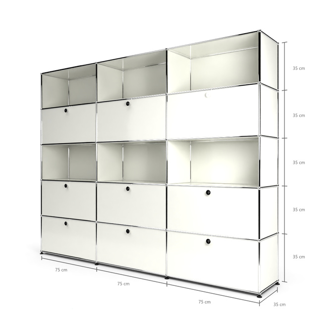 Wandregal 5x3 mit 9 Klapptren, 6 von unten, 3 Reihe 4, Weiss