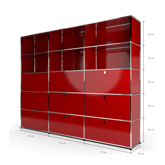 Wandregal 5x3 mit 9 Klapptren von unten, Rubinrot