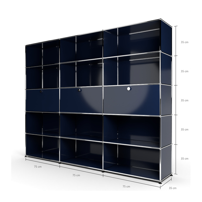 Wandregal 5x3 mit 3 Klapptren Mitte, Stahlblau