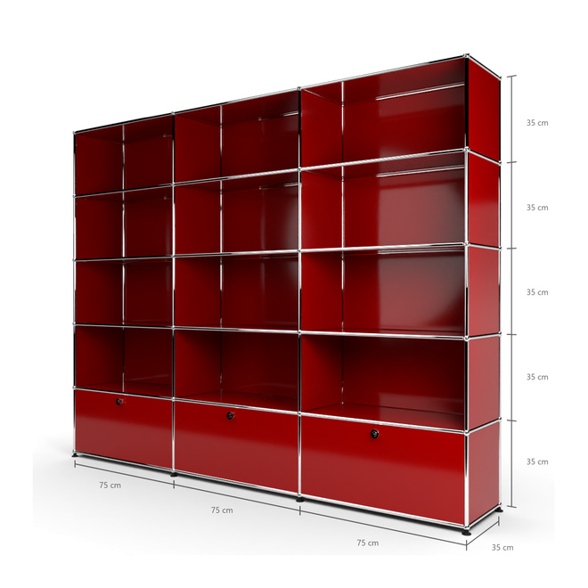 Wandregal 5x3 mit 3 Klapptren unten, Rubinrot