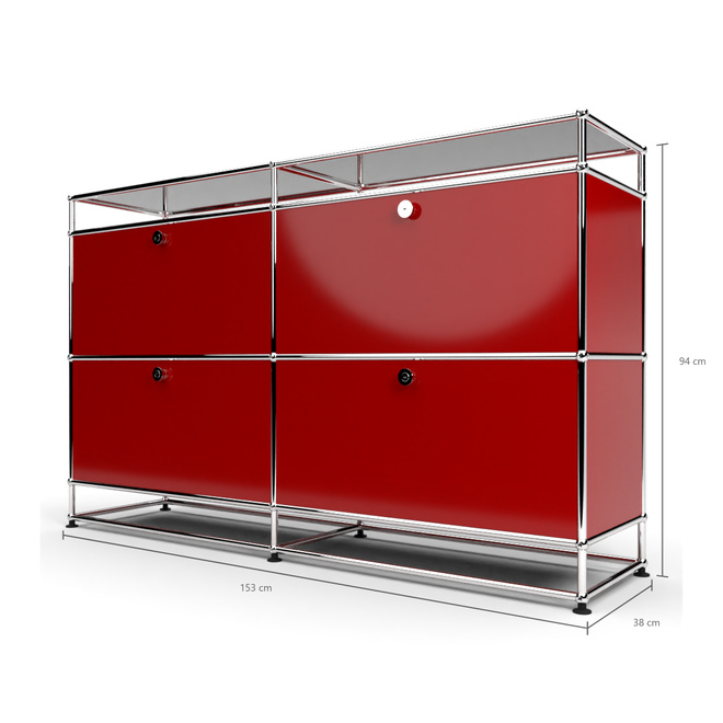 Sideboard 2x2 mit 4 Klapptren, mit Glasablage, Rubinrot