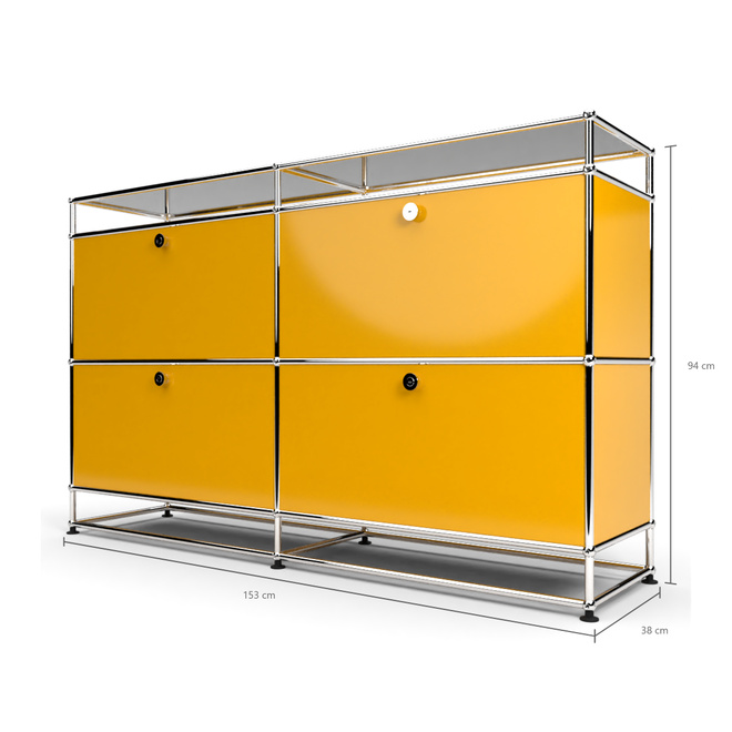 Sideboard 2x2 mit 4 Klapptren, mit Glasablage, Goldgelb