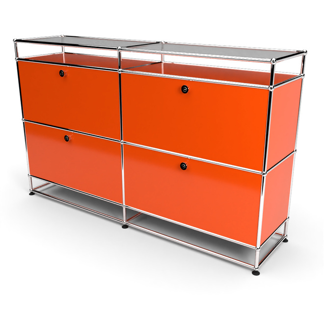 Sideboard 2x2 mit 4 Klapptren, mit Glasablage, Orange